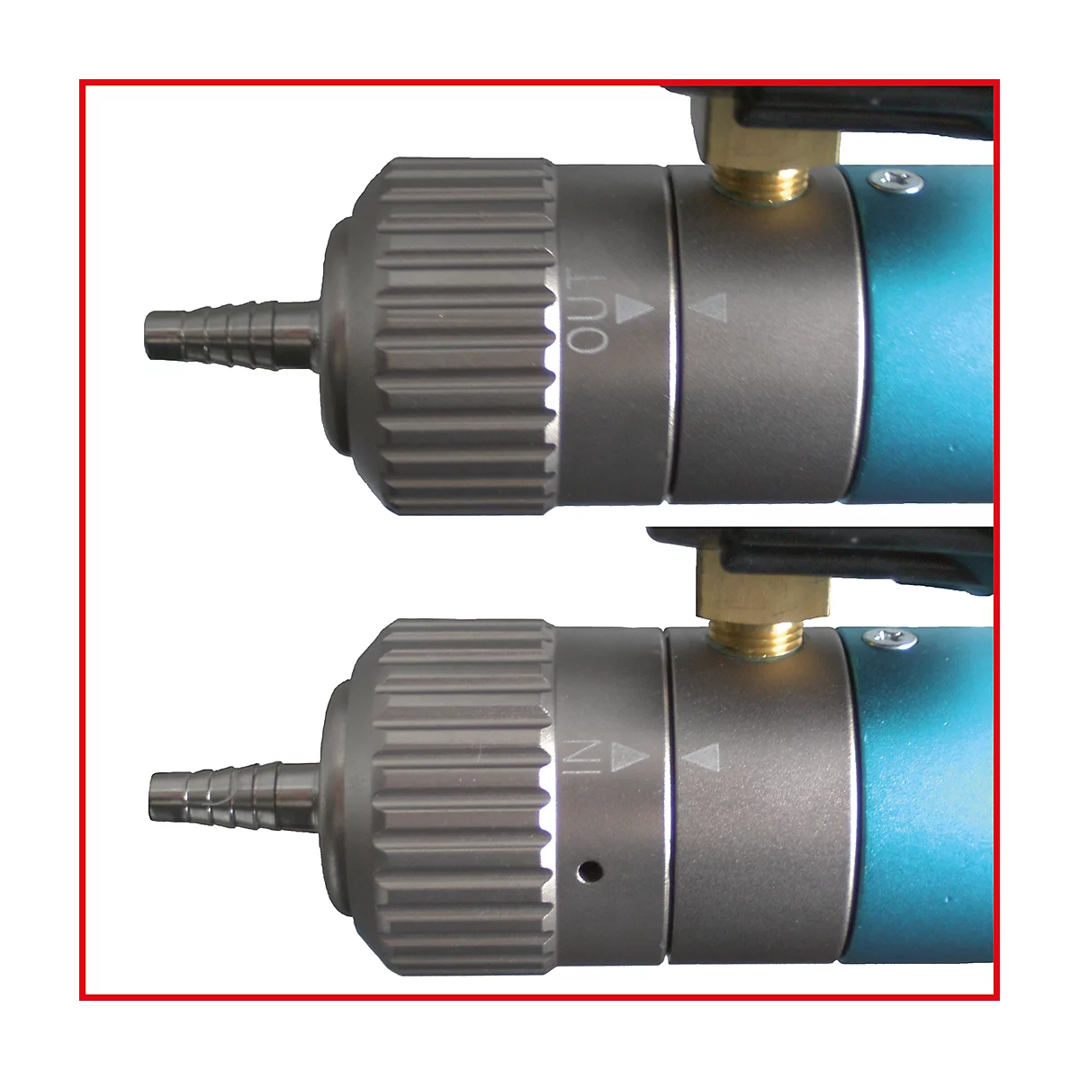 Zwei metallische Bauteile mit Anschlüssen und Pfeilen, die 'IN' und 'OUT' anzeigen.